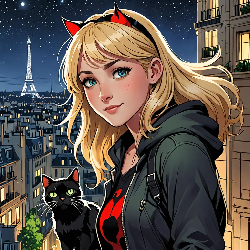 a woman with a cat in her hand standing in front of a cityscape at night with a cat on her shoulder, paris school, a comic book panel, Artgerm, comic cover art