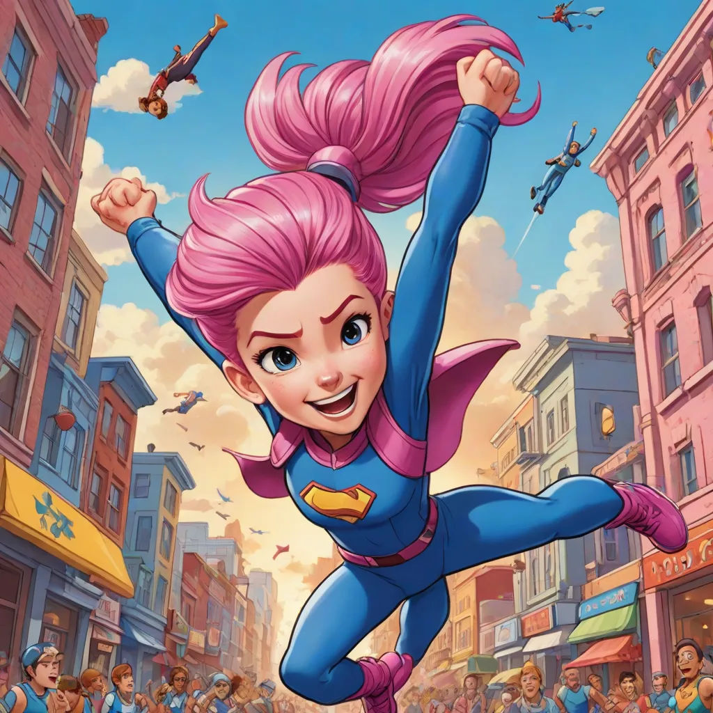 a cartoon girl flying through the air with pink hair and a pink wig on her head, in front of a crowd of people, superflat, a comic book panel, Chris LaBrooy, comic cover art