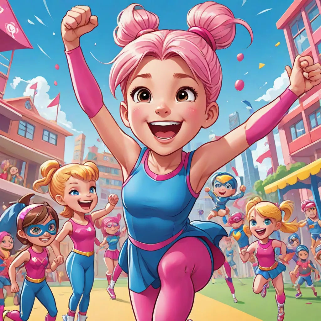 a cartoon girl is running with other girls in the background and a city street in the background, with a pink hair and blue top, lyco art, a comic book panel, Diego Gisbert Llorens, comic cover art
