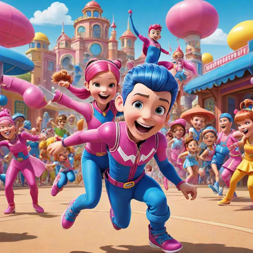 a cartoon character is in front of a crowd of people in a parade of pink and blue outfits and balloons, synchromism, concept art, disney, promotional image