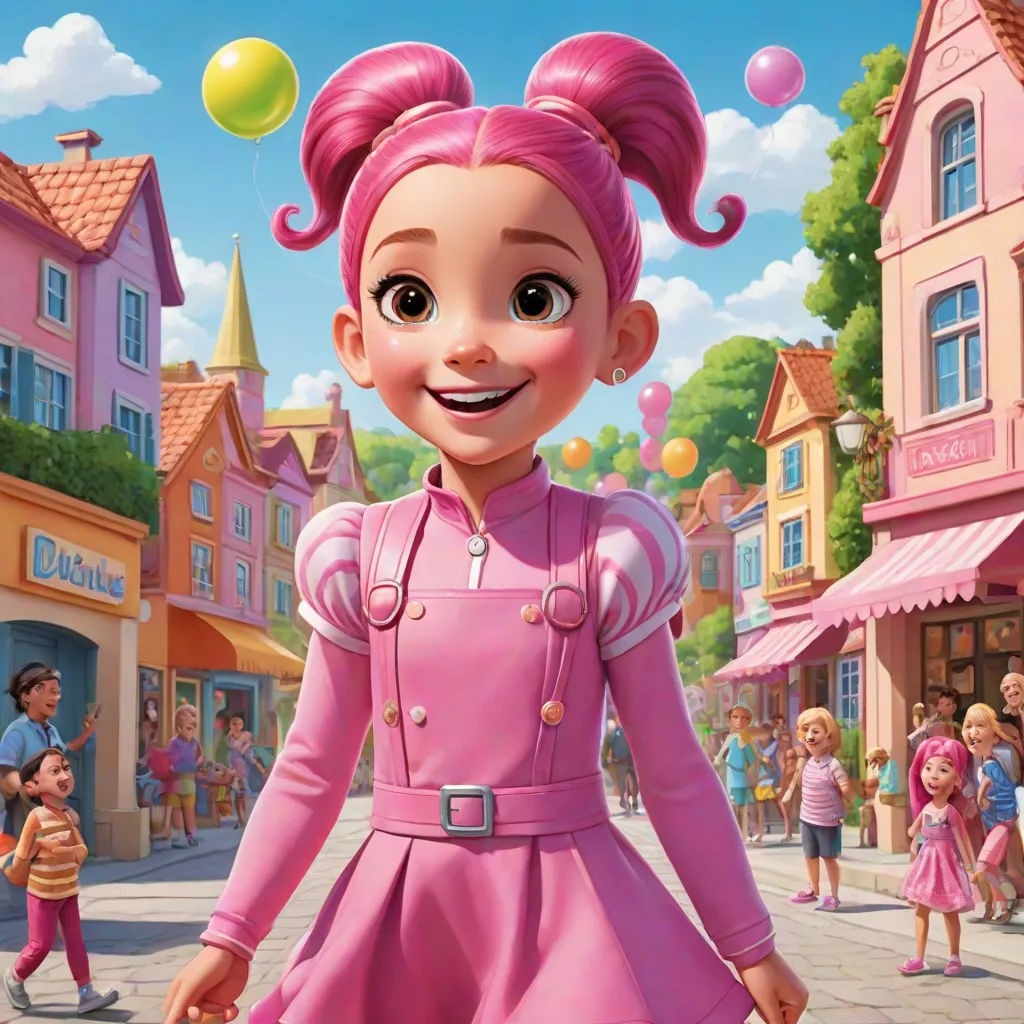 a cartoon girl in a pink dress is walking down the street with a bunch of balloons in the air, pop surrealism, a character portrait, Chris LaBrooy, promotional image