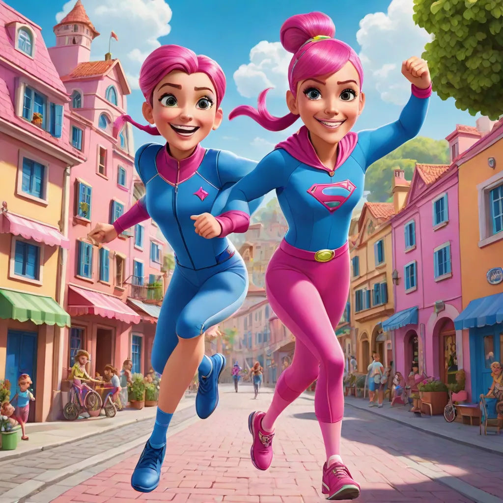a cartoon character running down a street next to another character in a pink outfit and a pink hair and blue shirt, futurism, concept art, Bourgeois, promotional image