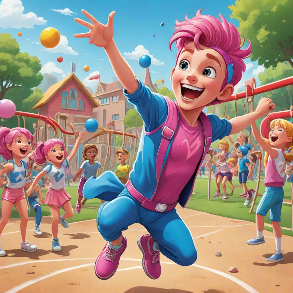 a cartoon character is playing with a group of children in a playground area with a ball and a bat, sots art, concept art, Andrey Esionov, official art