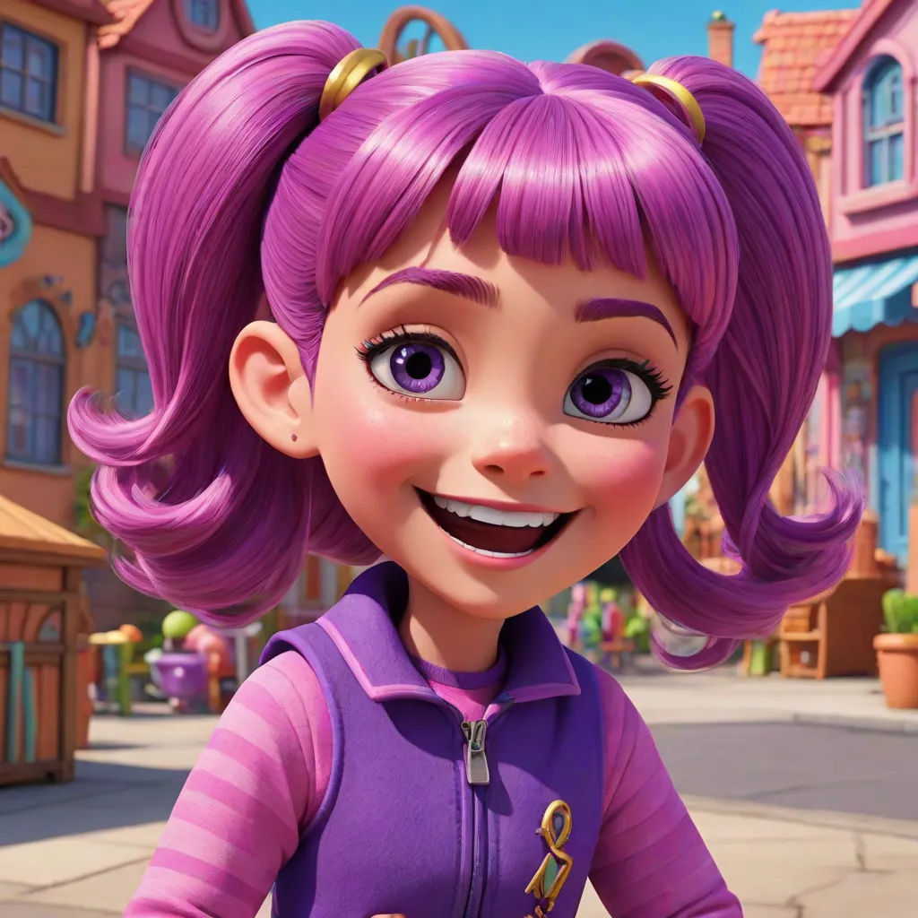 a cartoon character with purple hair and a smile on her face, standing in front of a street with buildings, photorealism, a character portrait, Ada Gladys Killins, unreal engine 5 quality render