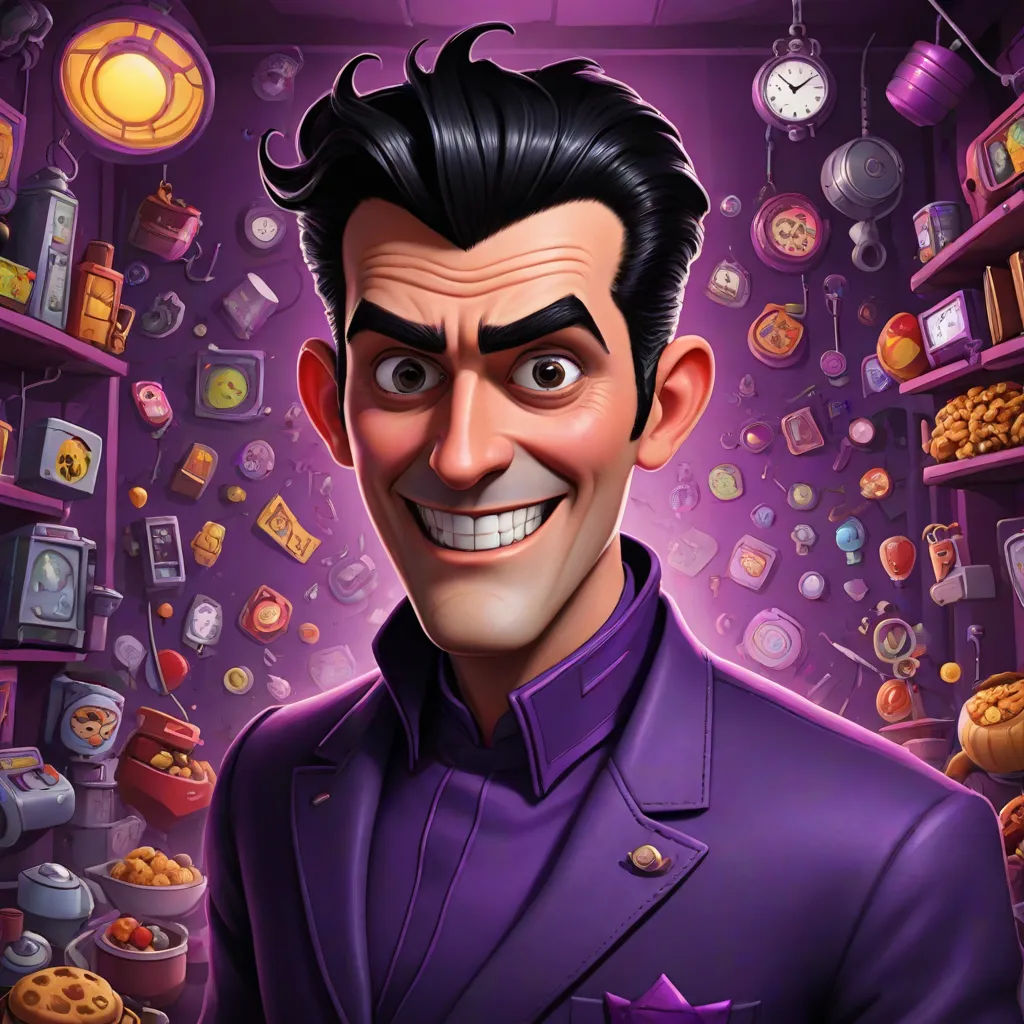 a cartoon character with a purple suit and purple hair and a purple background with a shelf full of cookies and other items, sots art, a character portrait, Alejandro Burdisio, character portrait