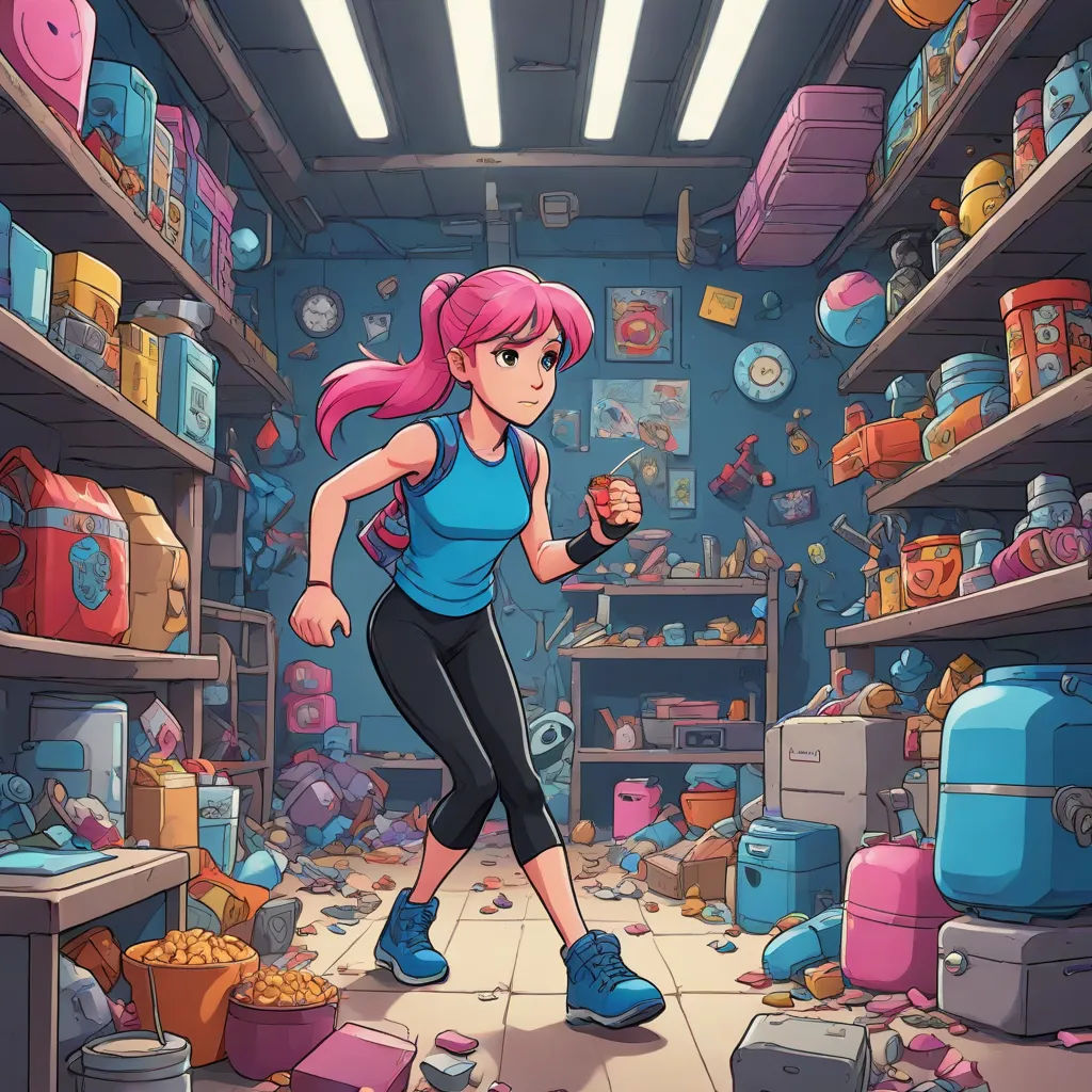 a cartoon girl is running through a messy room with a lot of stuff on the floor and shelves full of items, context art, a character portrait, Chris LaBrooy, 2 d game art