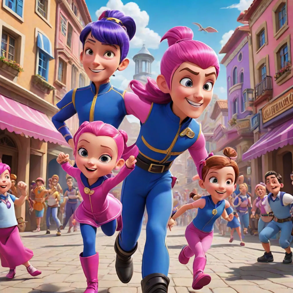 a cartoon character running down a street with other characters in the background and a crowd of people in the background, futurism, a poster, disney, promotional image