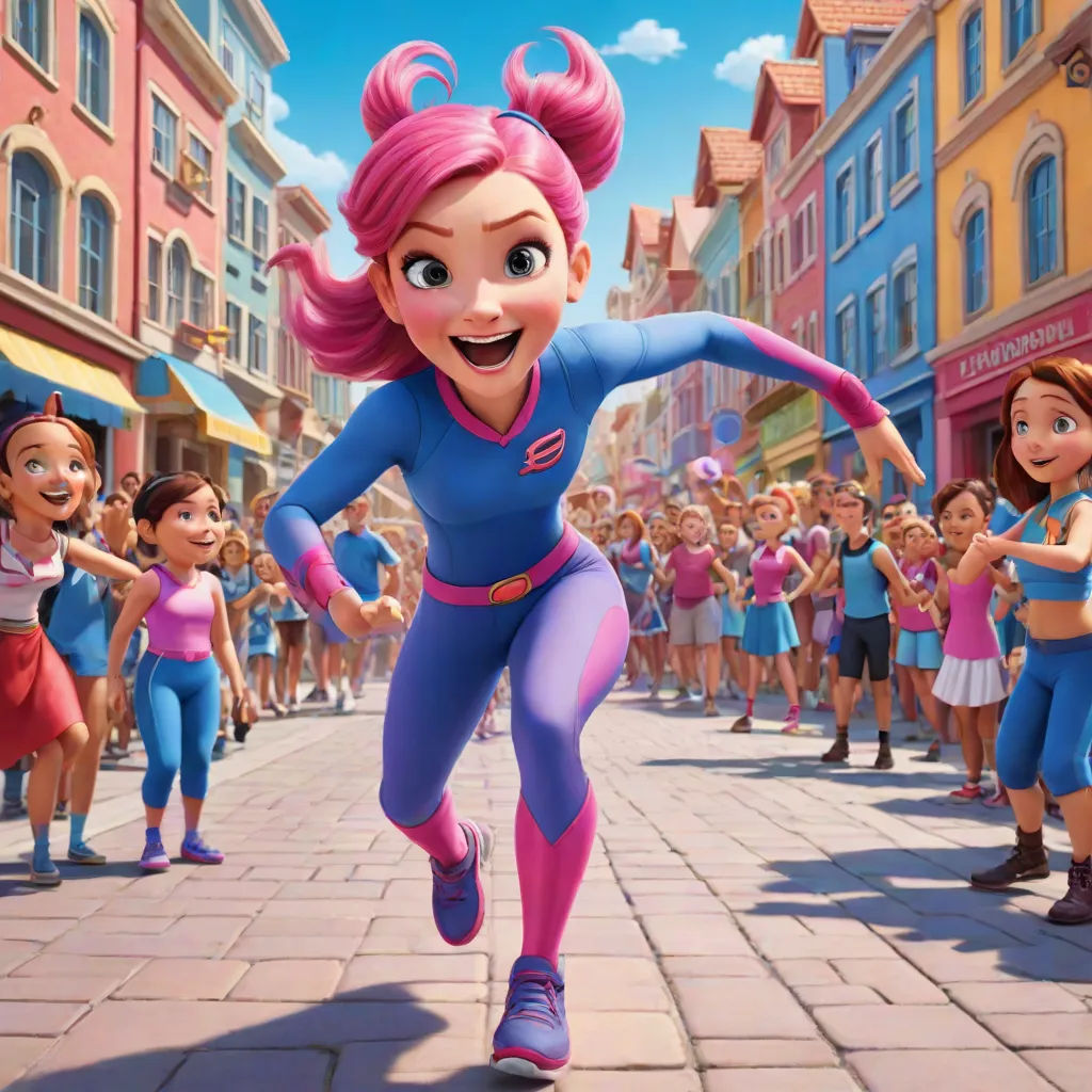 a cartoon character running down a street with other people in the background and a crowd of people in the background, futurism, a comic book panel, Brigette Barrager, promotional image