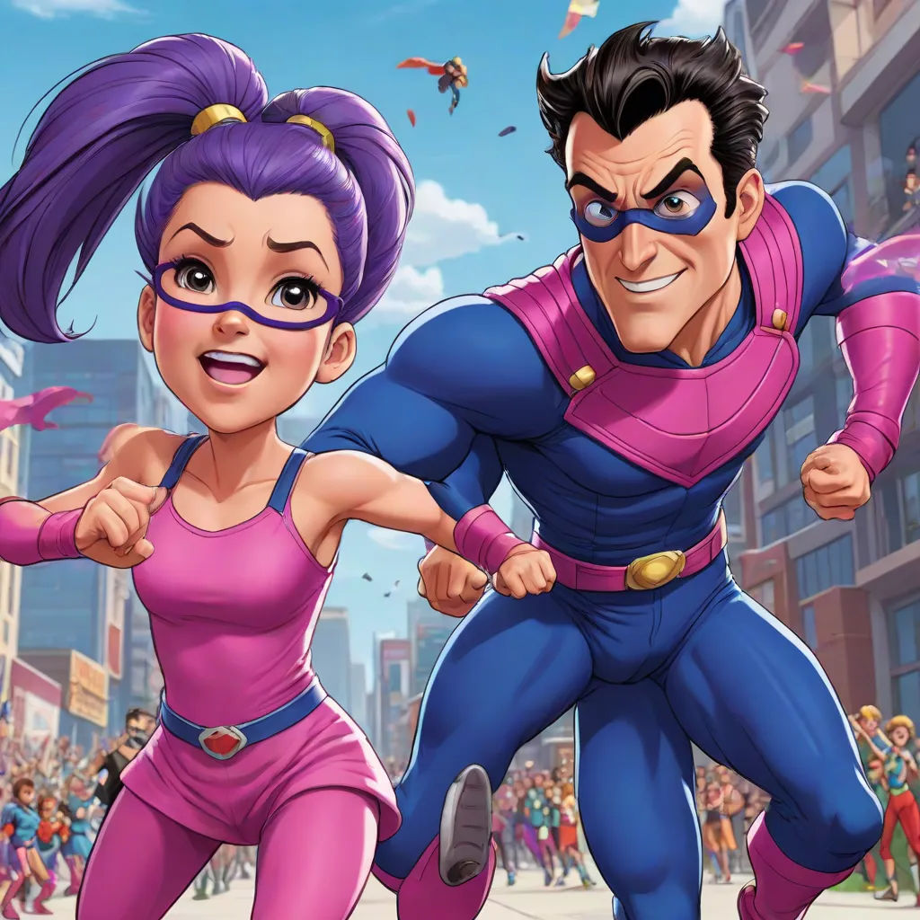 a cartoon of a man and a woman running in the street with a crowd of people behind them and a sky background, samikshavad, a comic book panel, Americo Makk, official art