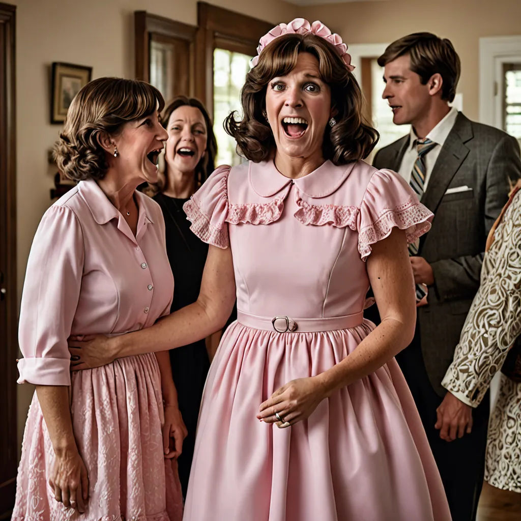 a group of people standing around each other in a room with a woman laughing and a man standing behind her, kitsch movement, a colorized photo, Betty Merken, promotional image