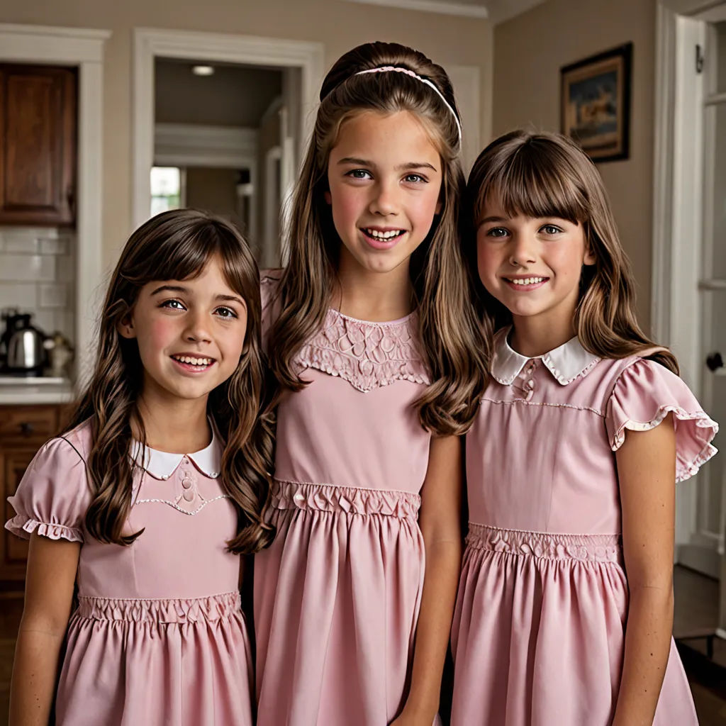 three girls in pink dresses standing in a kitchen together, smiling at the camera, with a large wooden cabinet in the background, rococo, a digital rendering, Caroline Lucy Scott, promotional image