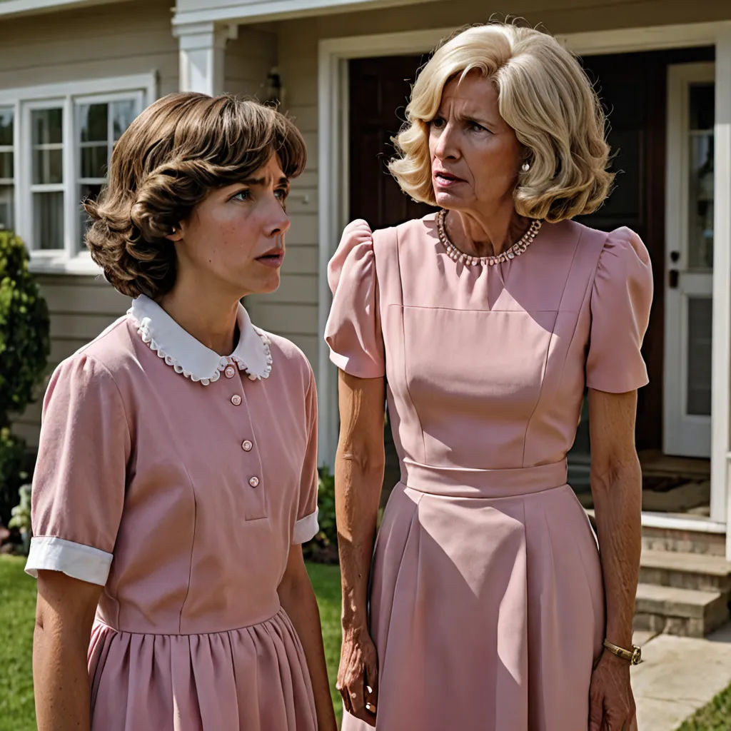 a woman and a woman in pink dresses standing in front of a house with a house in the background, american realism, a colorized photo, Cindy Sherman, promotional image