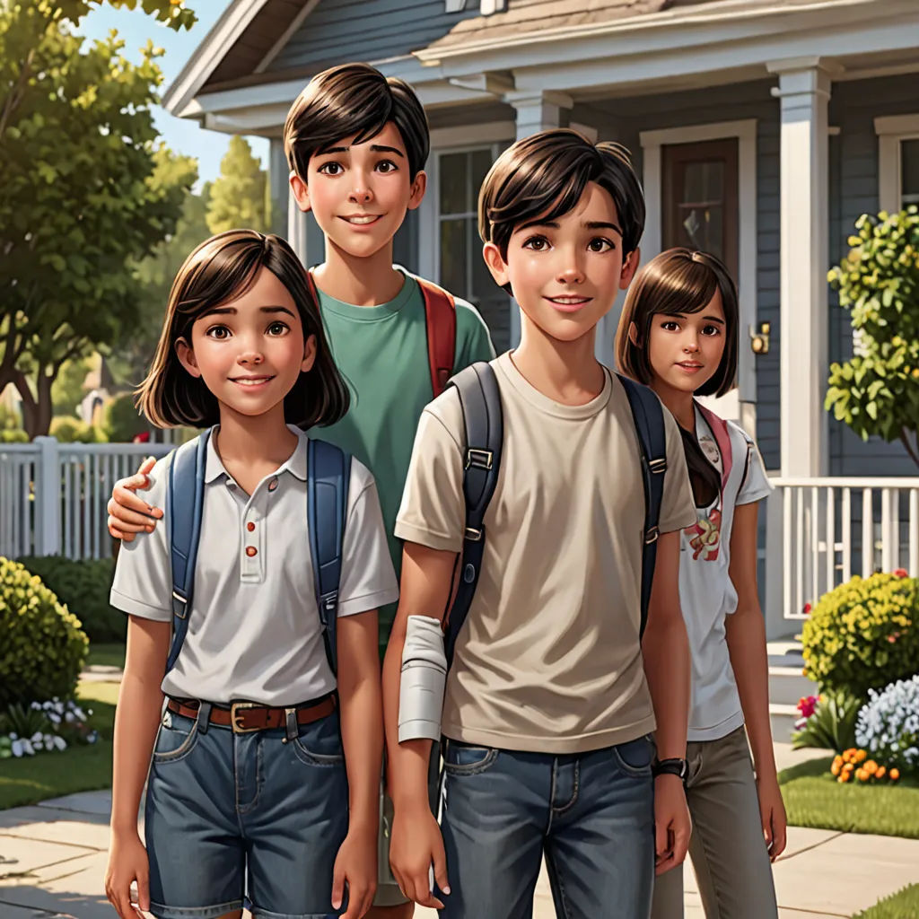 a group of children standing in front of a house with a dog in front of them and a dog in the background, vancouver school, concept art, Felix-Kelly, key art