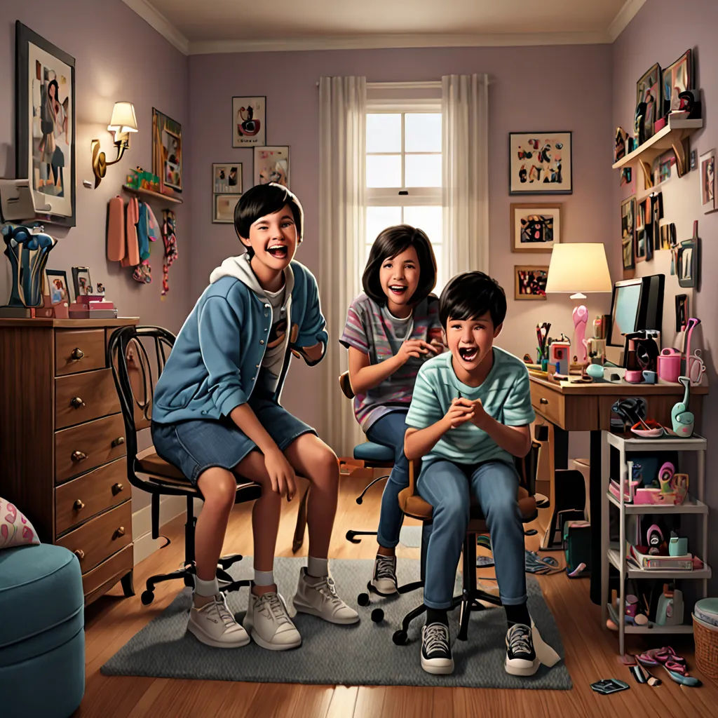 a group of children sitting on top of a chair in a room with a desk and a chair in front of them, american scene painting, a hyperrealistic painting, Chris LaBrooy, highly detailed digital painting