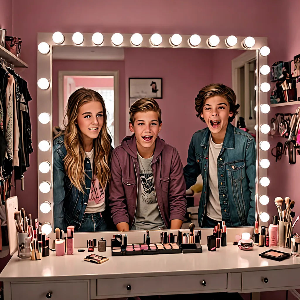 a young man and two young girls standing in front of a vanity with a mirror and lights on it, shock art, a stock photo, disney, perfect faces