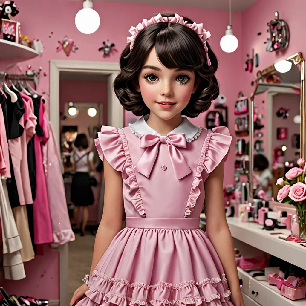 a young girl in a pink dress standing in a pink room with a mirror and a pink wall with a pink flower, kitsch movement, a character portrait, Alice Prin, girl