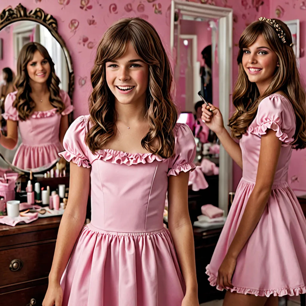 a girl in a pink dress standing in front of a mirror in a pink room with a mirror and a dresser, rococo, a photorealistic painting, Celia Fiennes, pink
