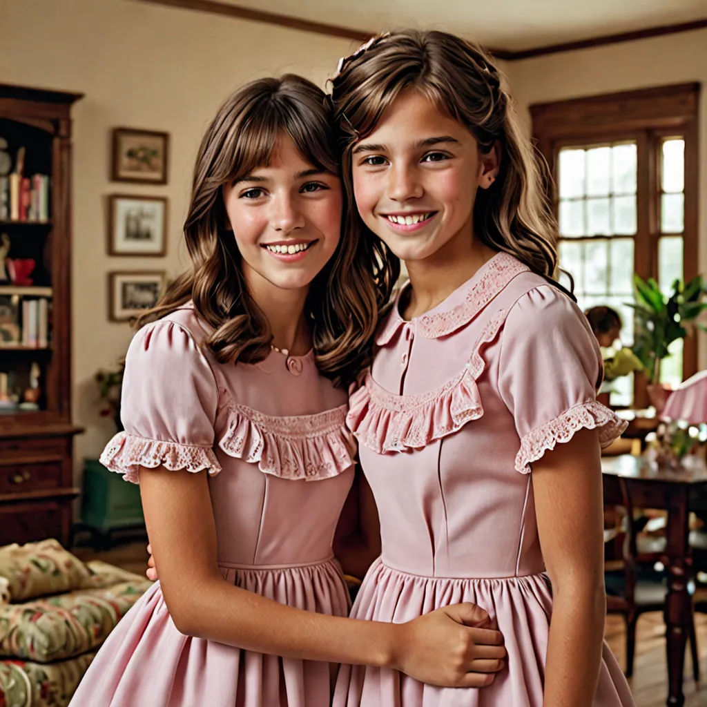 two young girls in dresses standing next to each other in a living room with a couch and a table, american barbizon school, a digital rendering, Christian Hilfgott Brand, promotional image