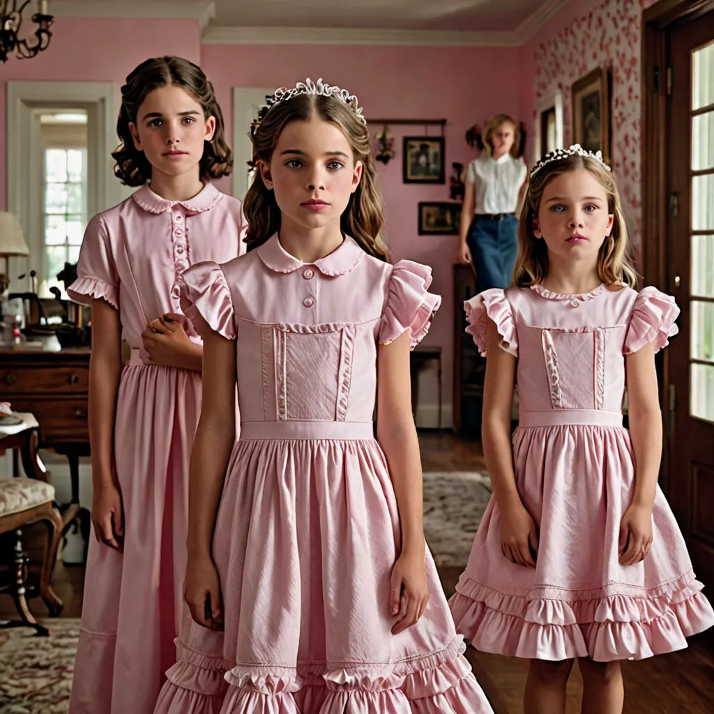 three girls in pink dresses standing in a room with a pink wall and a pink wall with pictures on it, american realism, a flemish Baroque, Diane Arbus, promotional image