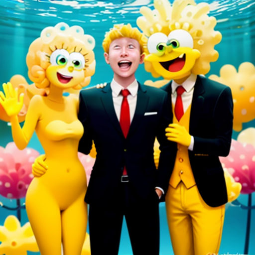 a man and two women in suits standing next to each other in front of a backdrop of cartoon characters