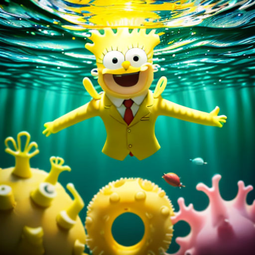 a cartoon character floating in the water with other cartoon characters around him and a yellow submarine in the background