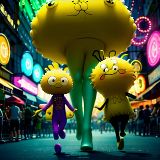 a cartoon character walking down a street with a child in front of a tree with neon lights in the background