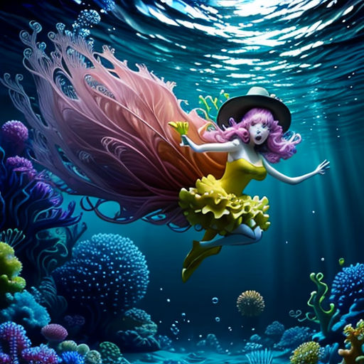 a painting of a mermaid with a hat on her head floating in the ocean with a starfish and corals