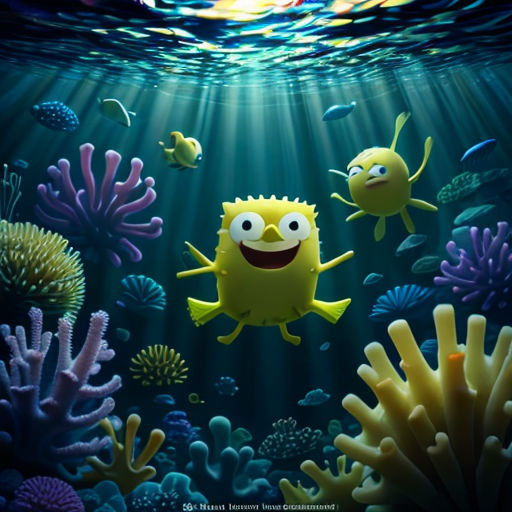 a cartoon character is swimming in the ocean with other cartoon characters around him and a fish in the background
