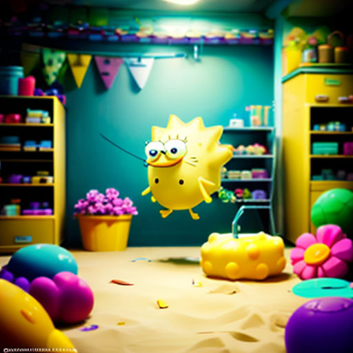 a room with a bunch of toys and a spongebob figure in it's center of the room