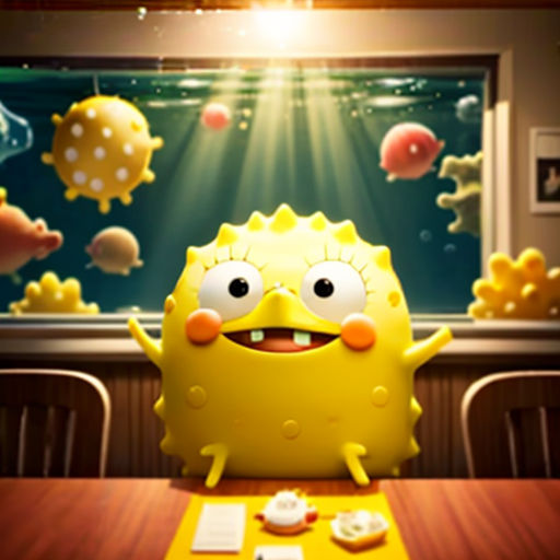 a cartoon character sitting at a table with a plate of food in front of him and a window with jelly fish in the background