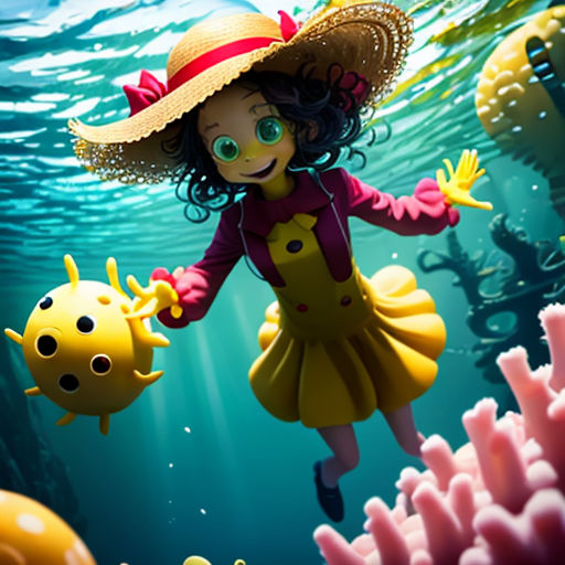 a cartoon girl in a hat and dress under the water with a fish in her hand and a fish in her hand