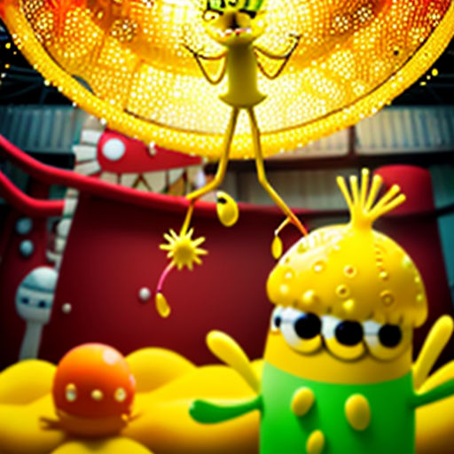 a cartoon character is standing on a yellow object with a yellow light above it and a red object behind it