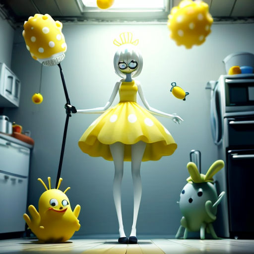 a cartoon character is standing in a kitchen with some toys around her and a yellow dress on her head
