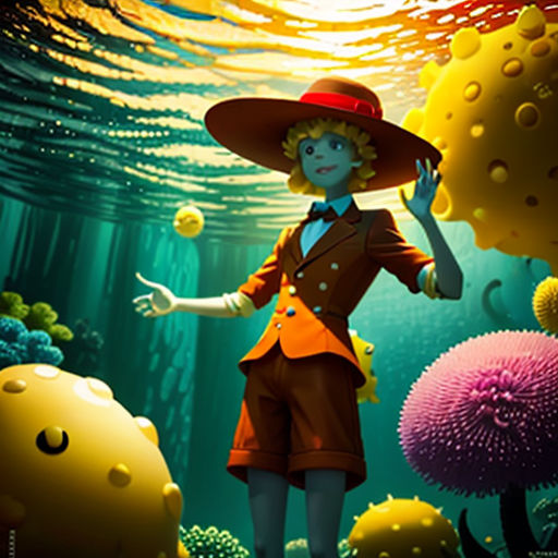 a cartoon character is standing in the middle of a sea with a hat on and a large orange ball