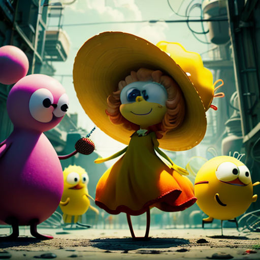 a cartoon character with a hat and a group of small yellow birds in a city street with buildings and a building