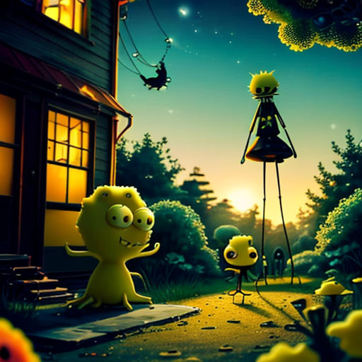 a cartoon scene with a little girl and a monster in the yard of a house at night with a full moon