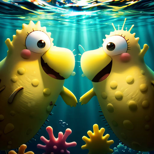two yellow cartoon characters standing in the water with their hands together and looking at each other with a smile