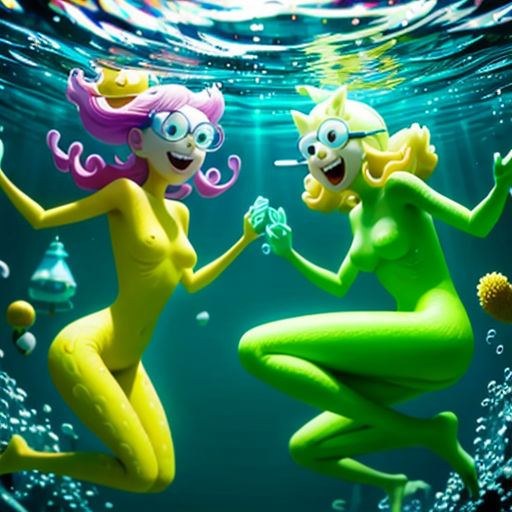 two cartoon characters are swimming in the water together, with bubbles and bubbles around them, and a fish