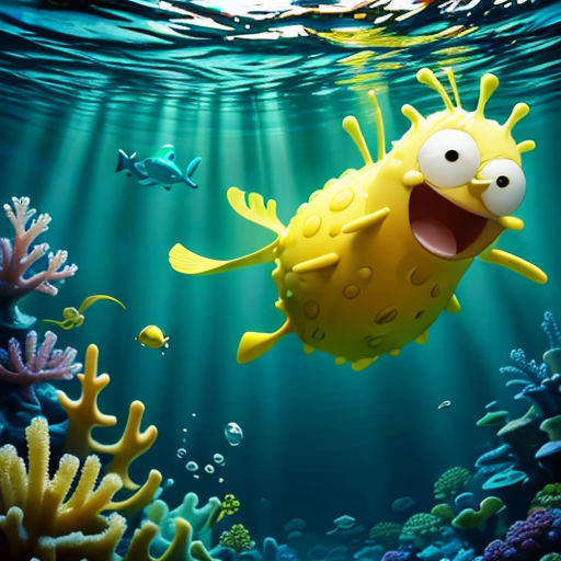 a cartoon yellow fish with a big smile swimming in the ocean with corals and other fish around it