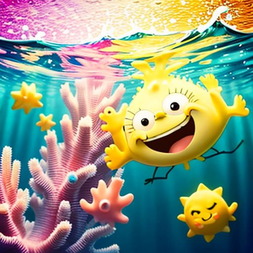 a cartoon character is swimming in the ocean with other cartoon characters around him and a starfish on the bottom of the picture