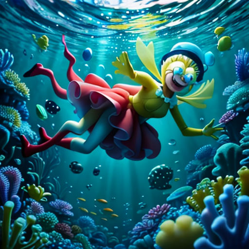 a cartoon character swimming in the ocean with a fish and corals around her, with a scuba suit on