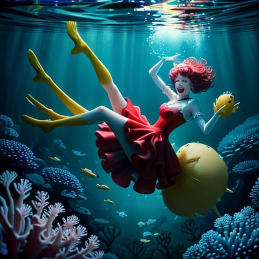 a woman in a red dress is floating in the water with a fish and a yellow fish in her hand