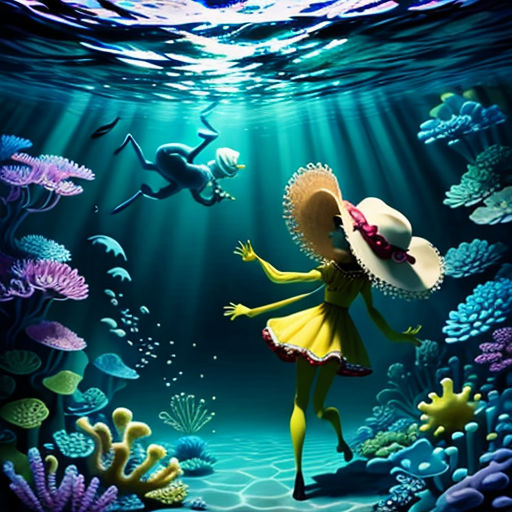a painting of a woman in a yellow dress under water with a hat on her head and a fish in the background