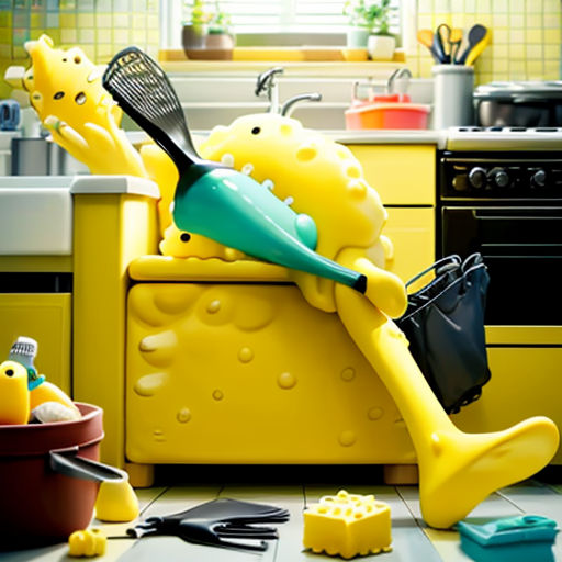 a yellow chair with a bunch of utensils on it in a kitchen with yellow walls and flooring