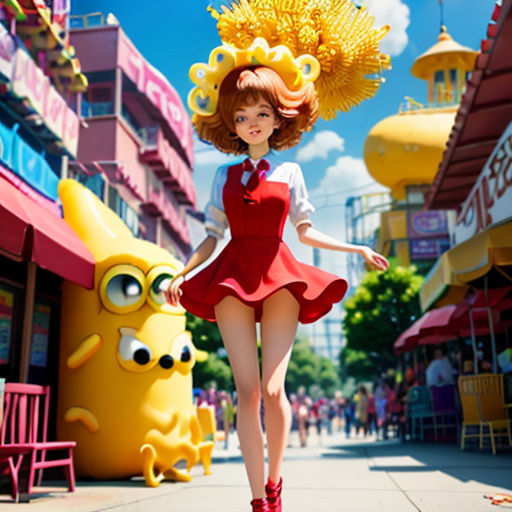 a girl in a red dress and yellow hat walking down a street with a yellow monster behind her on a sunny day
