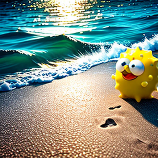 a yellow spongebob toy sitting on top of a sandy beach next to the ocean with a sun in the background