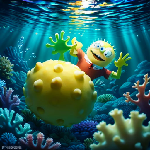 a cartoon character is swimming in the ocean with corals and spongebob on the bottom of the water