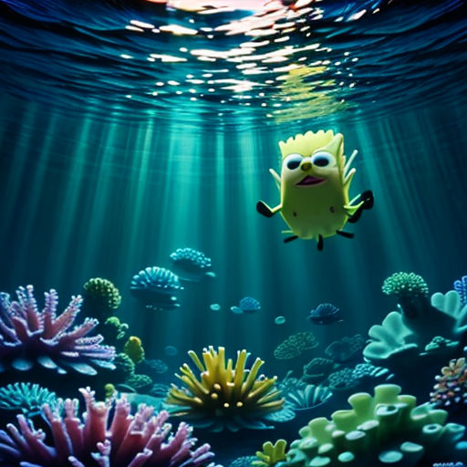 a cartoon character floating in the ocean with a fish in his hand and a starfish in his mouth