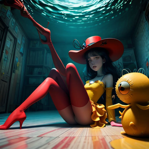 a woman in a red hat and yellow dress sitting on the floor with a yellow toy in front of her