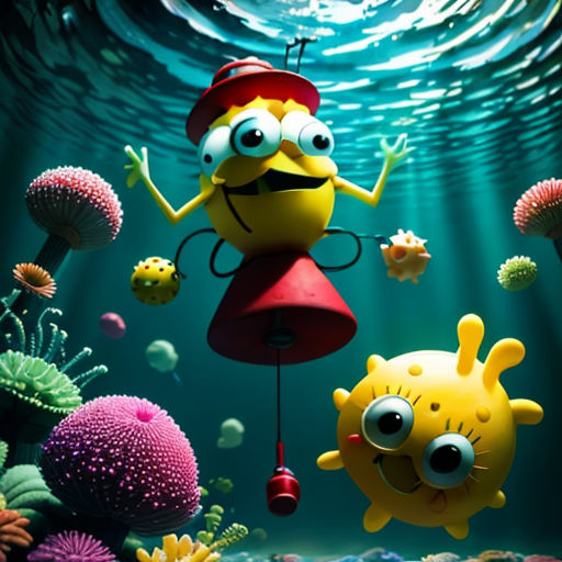 a cartoon character is floating in the water with a fish and a spongeman character in front of a coral reef